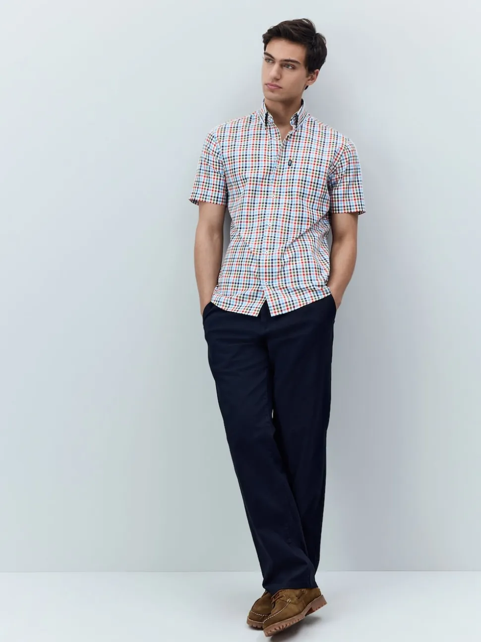 Blue/Red Gingham Easy Iron Button Down Short Sleeve Oxford Shirt