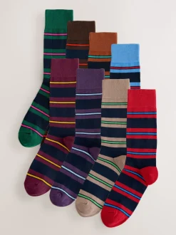 Blue/Red/Brown Striped Pattern Socks 8 Pack