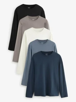 Blues/Grey/Neutrals Regular Fit Regular Fit Long Sleeve 100% Cotton T-Shirts 5 Pack