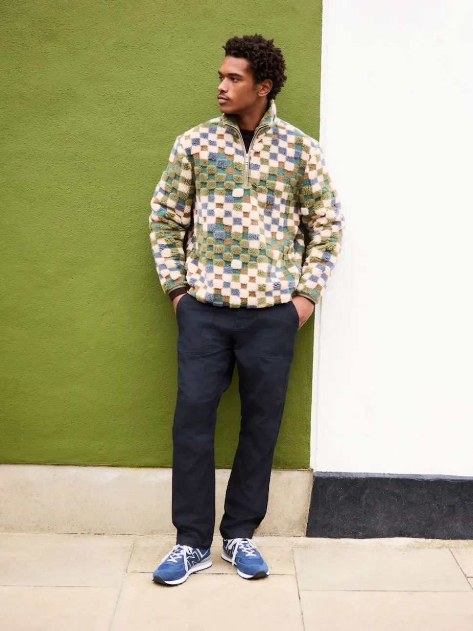 Blue/Tan Checkerboard Zip Neck Printed Fleece