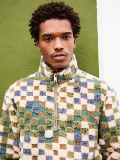 Blue/Tan Checkerboard Zip Neck Printed Fleece