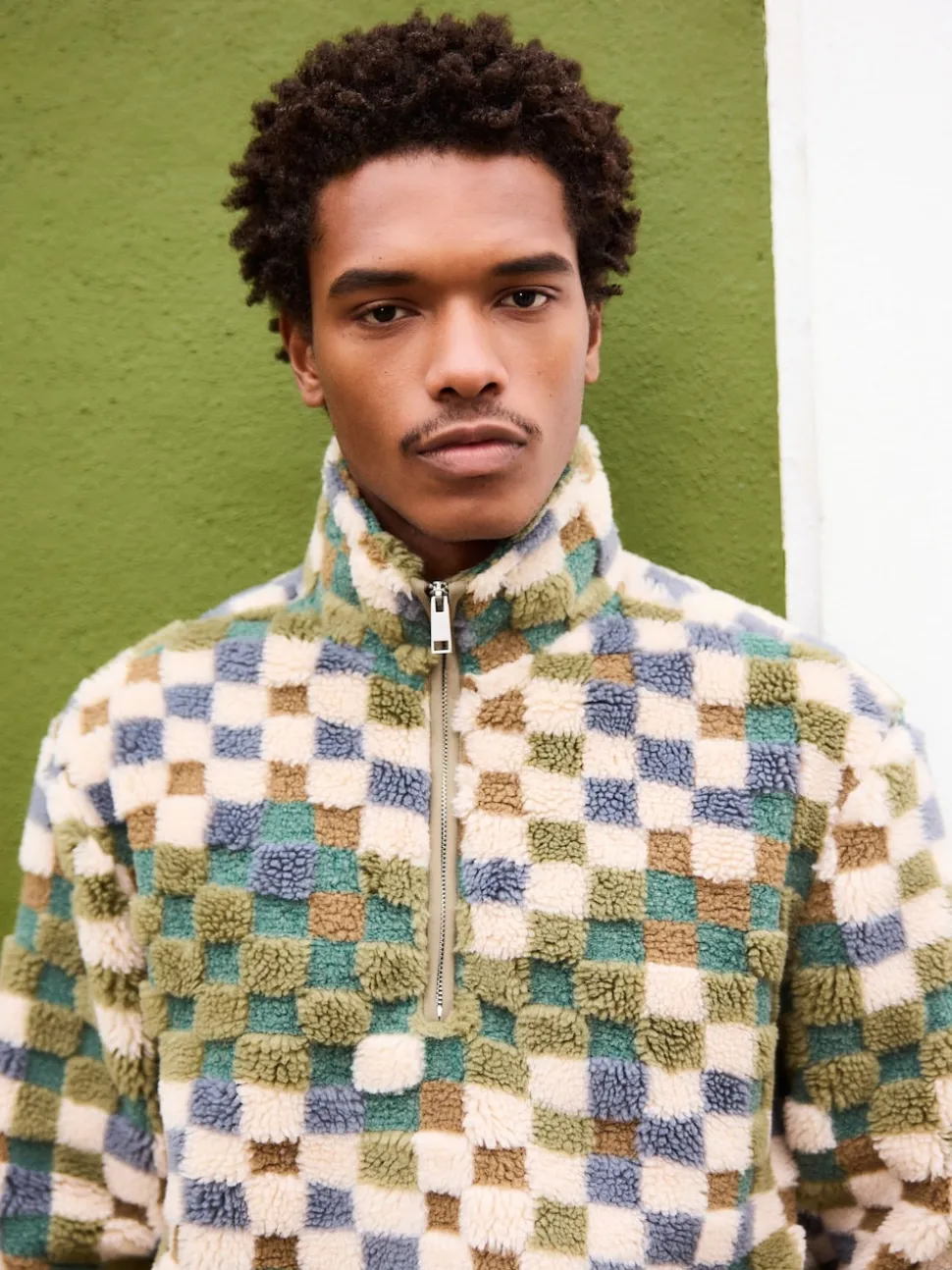 Blue/Tan Checkerboard Zip Neck Printed Fleece