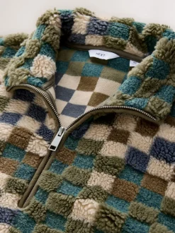 Blue/Tan Checkerboard Zip Neck Printed Fleece