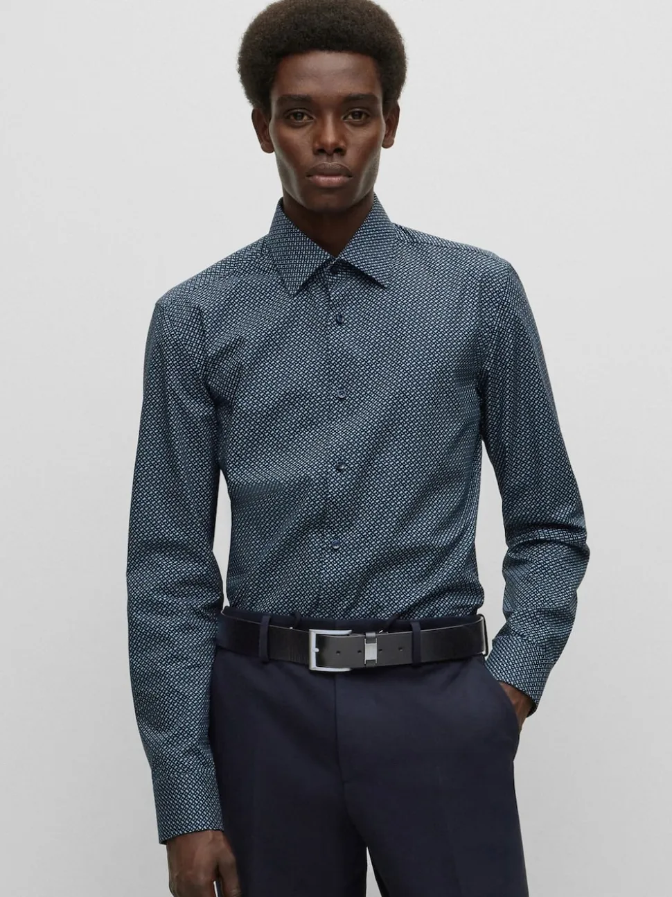 BOSS Black Brushed Metal Leather Belt