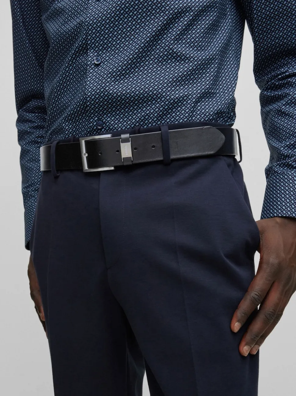 BOSS Black Brushed Metal Leather Belt