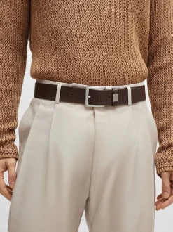 BOSS Brown Brushed Metal Leather Belt