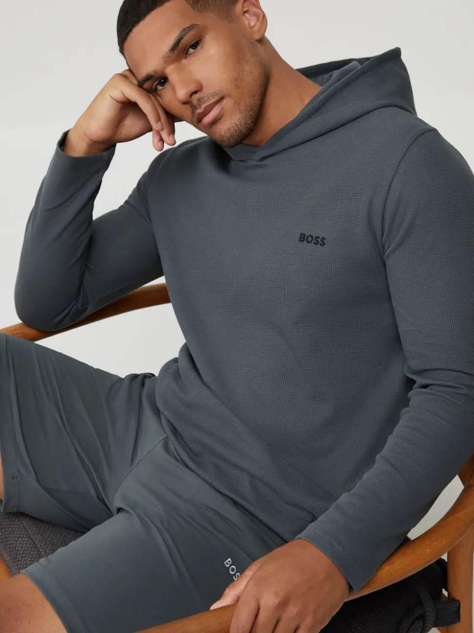 BOSS Green Waffle Long Sleeve Hooded Top
