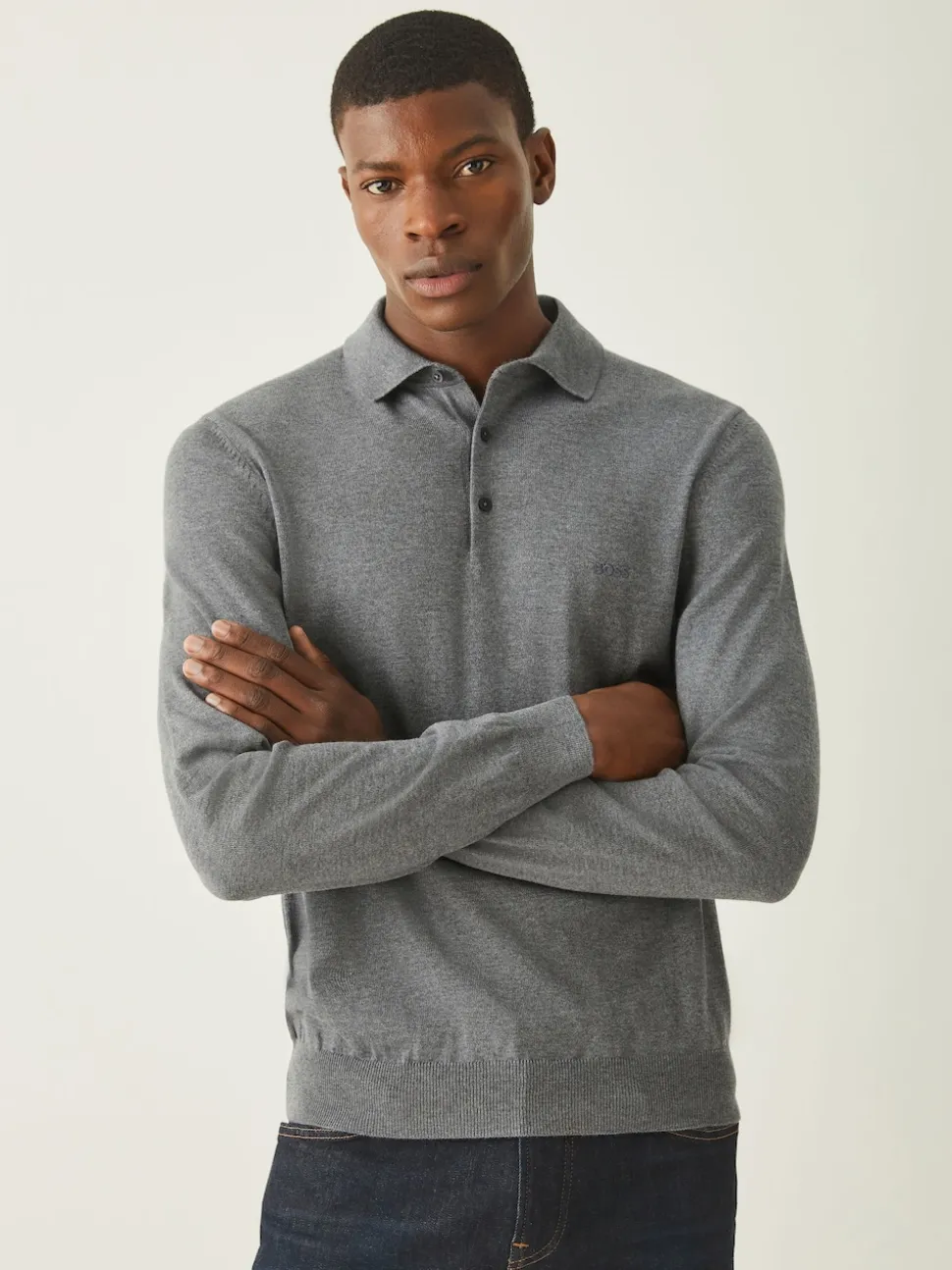 BOSS Grey Regular Fit Bono Long Sleeve Knitted Polo Shirt