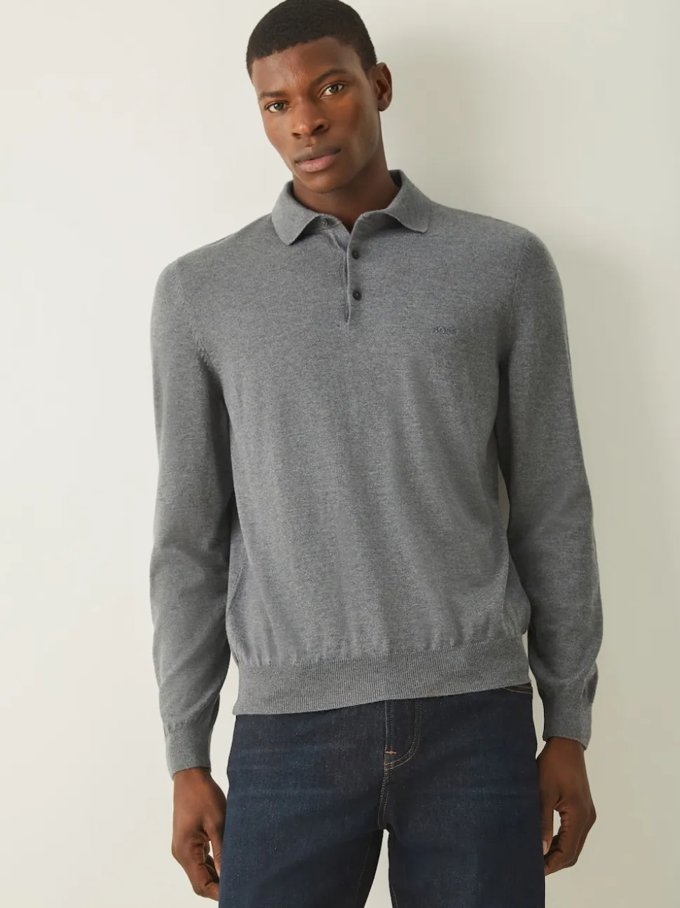 BOSS Grey Regular Fit Bono Long Sleeve Knitted Polo Shirt