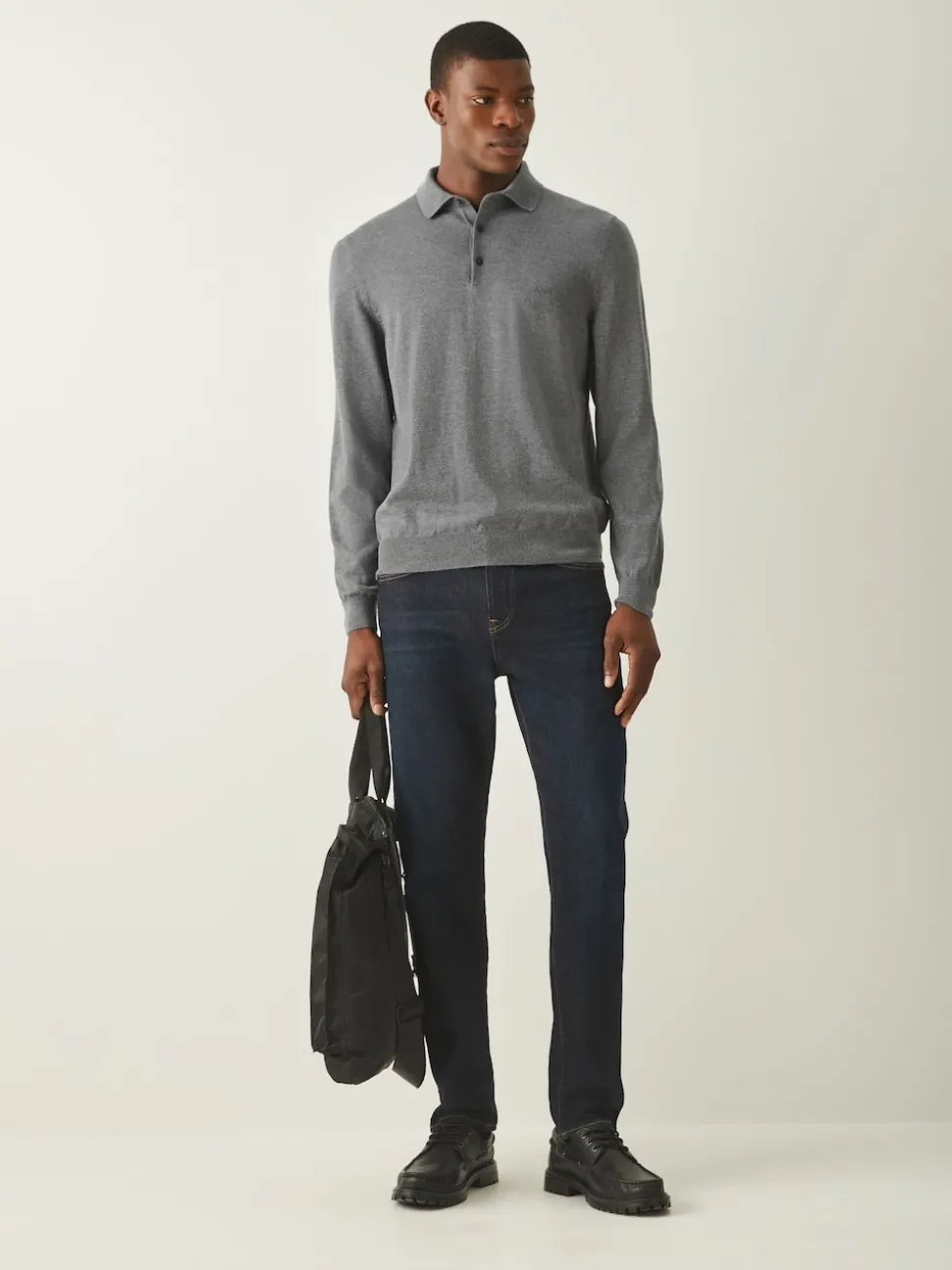 BOSS Grey Regular Fit Bono Long Sleeve Knitted Polo Shirt