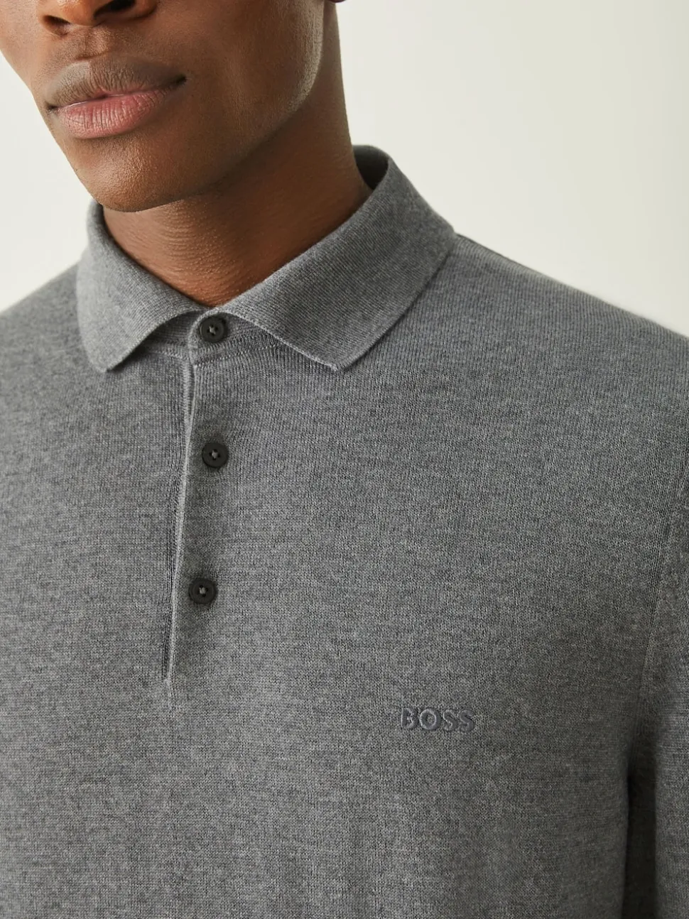 BOSS Grey Regular Fit Bono Long Sleeve Knitted Polo Shirt