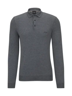 BOSS Grey Regular Fit Bono Long Sleeve Knitted Polo Shirt