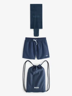 BOSS Navy Swim Shorts, Bag, Towel Beach Gift Set