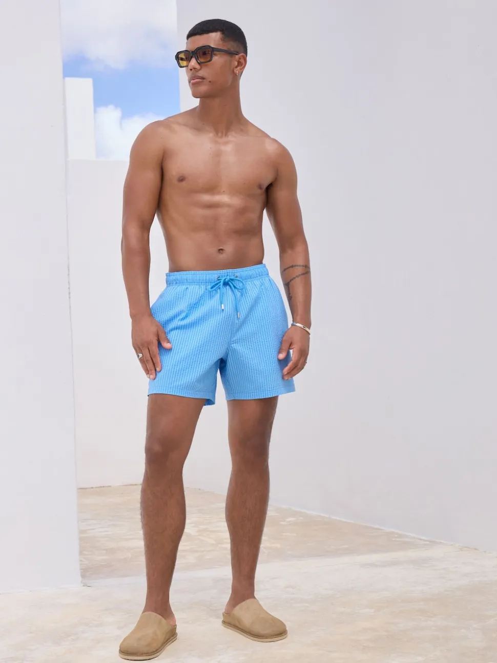 Bright Blue Stripe Seersucker Swim Shorts