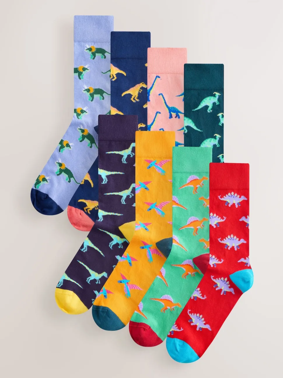 Bright Red/Blue/Orange Dinosaur Pattern Socks 8 Pack