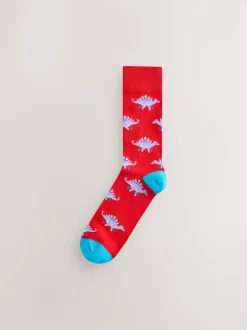 Bright Red/Blue/Orange Dinosaur Pattern Socks 8 Pack