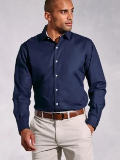 Brook Taverner Blue Navy Herringbone Stretch Cotton Shirt