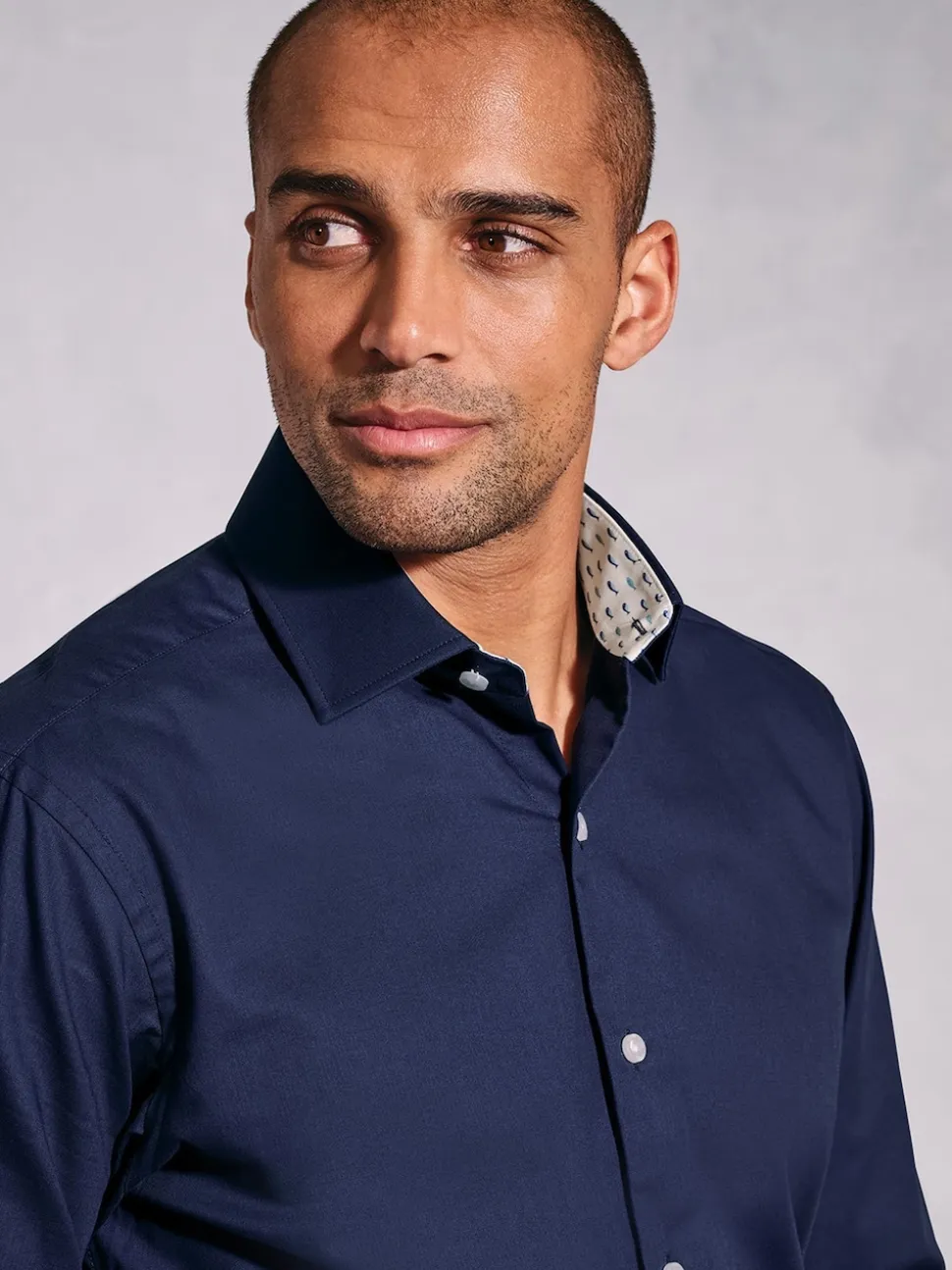 Brook Taverner Blue Navy Herringbone Stretch Cotton Shirt