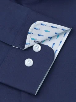 Brook Taverner Blue Navy Herringbone Stretch Cotton Shirt