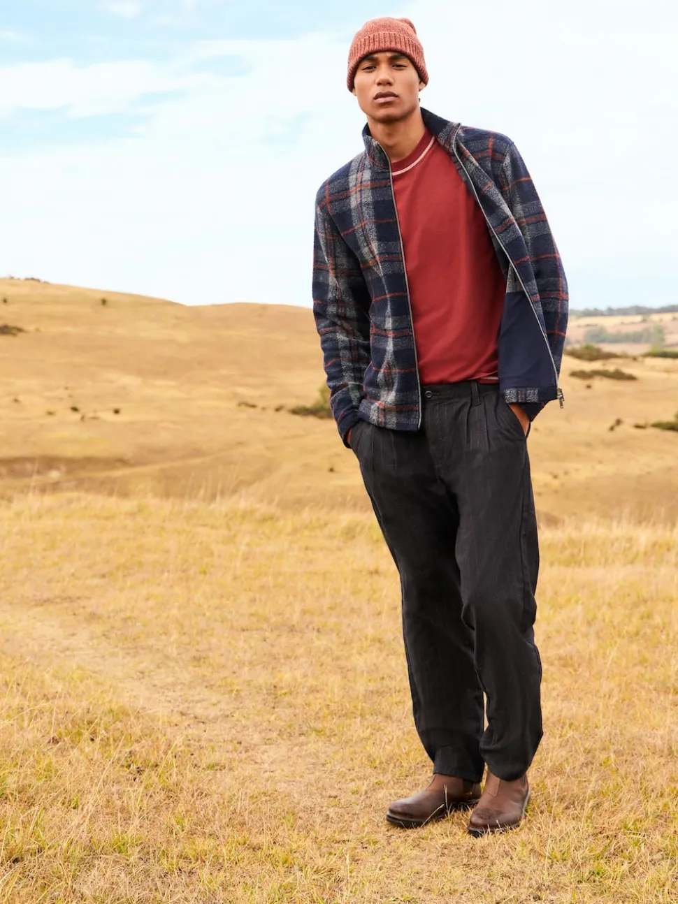 Brown Check Full Zip Funnel Neck Fleece