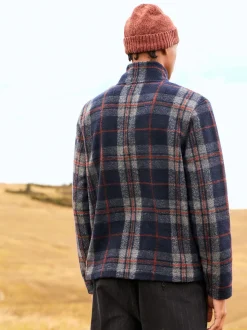 Brown Check Full Zip Funnel Neck Fleece