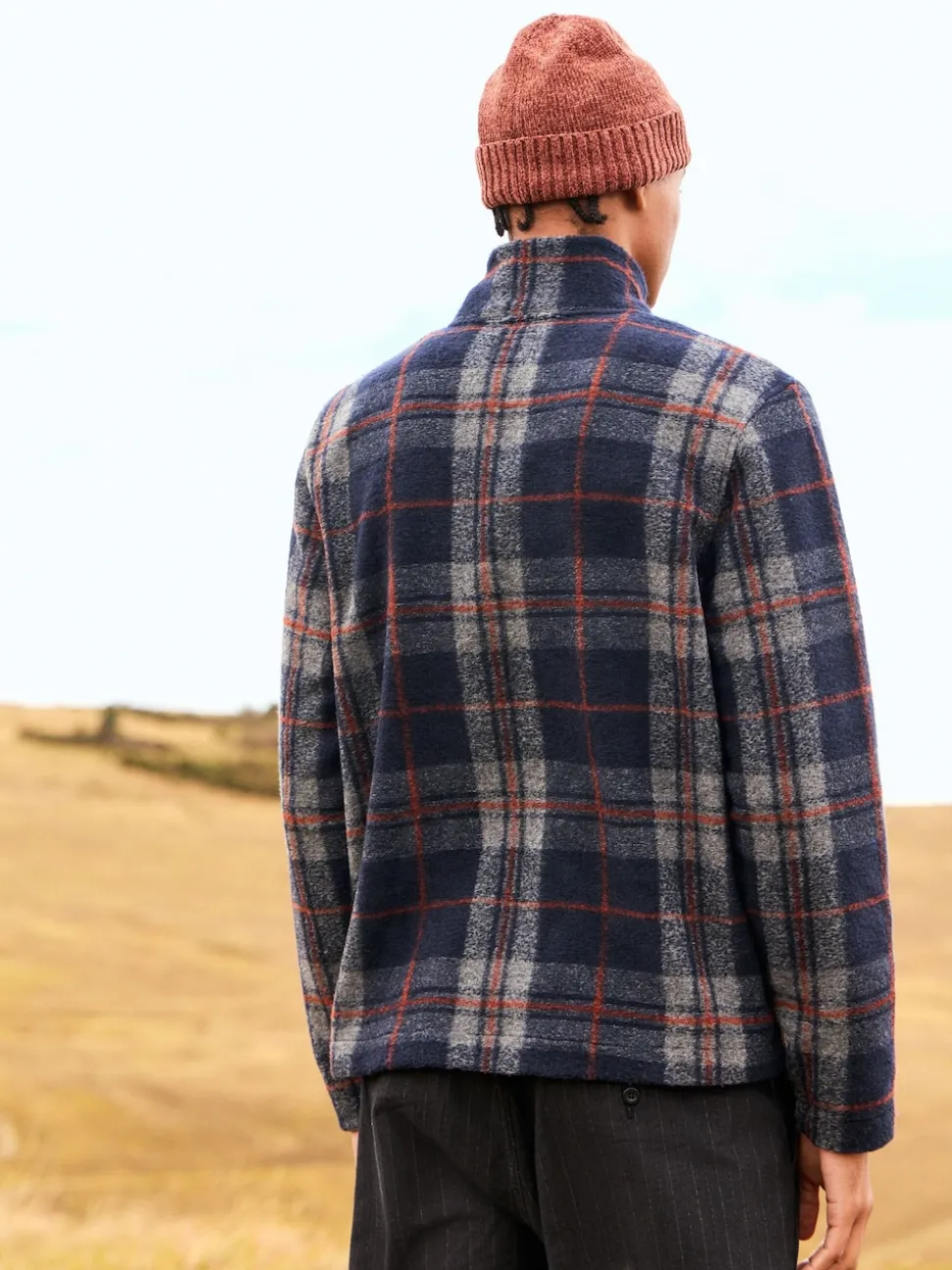 Brown Check Full Zip Funnel Neck Fleece