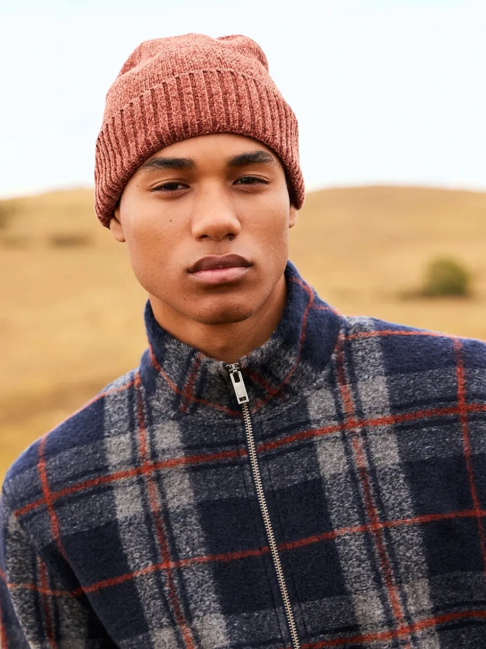 Brown Check Full Zip Funnel Neck Fleece