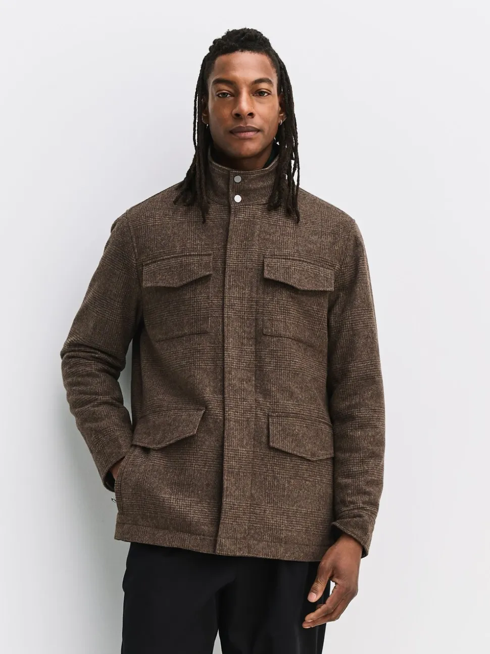 Brown Check Wool Rich Four Pocket Funnel Neck Coat