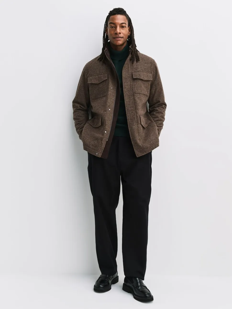 Brown Check Wool Rich Four Pocket Funnel Neck Coat