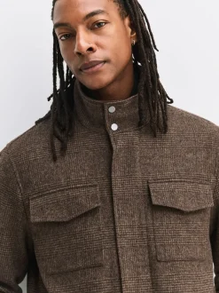 Brown Check Wool Rich Four Pocket Funnel Neck Coat