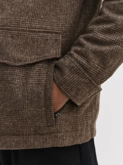 Brown Check Wool Rich Four Pocket Funnel Neck Coat
