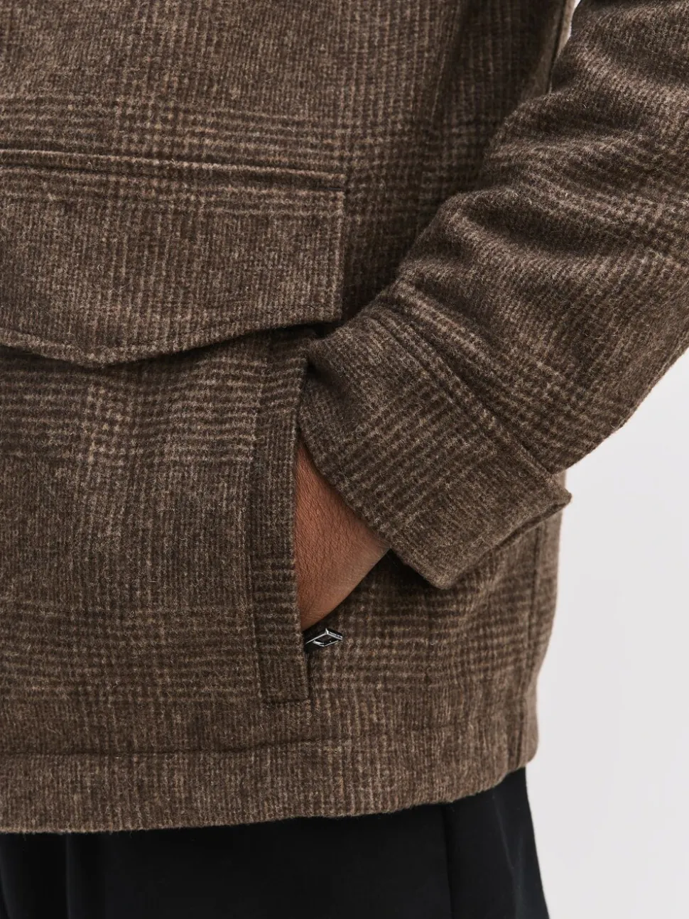 Brown Check Wool Rich Four Pocket Funnel Neck Coat