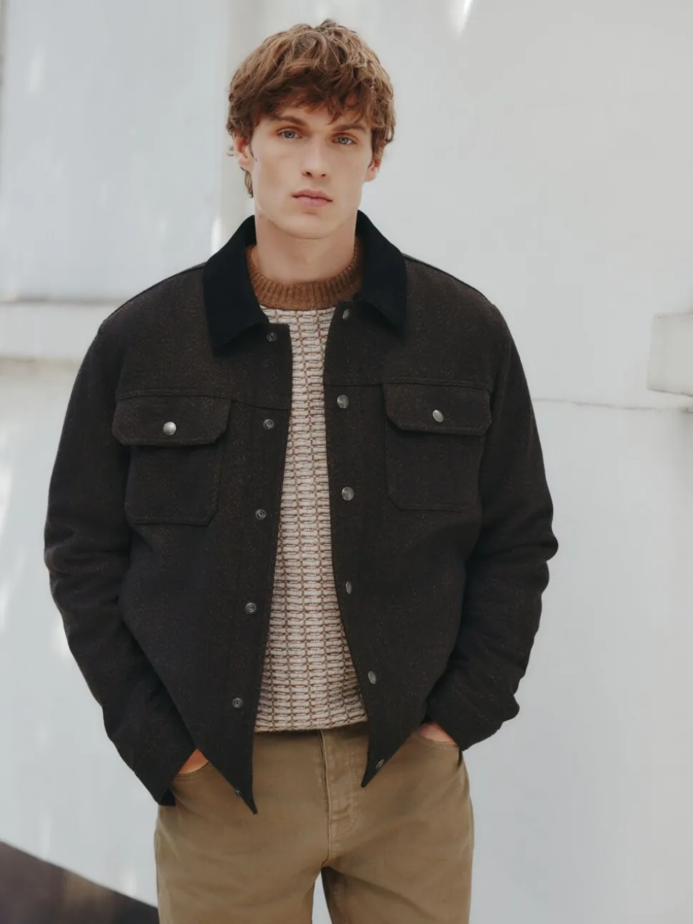 Brown Cord Collar Herringbone Wool Blend Trucker Jacket