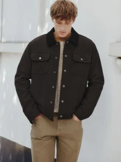 Brown Cord Collar Herringbone Wool Blend Trucker Jacket