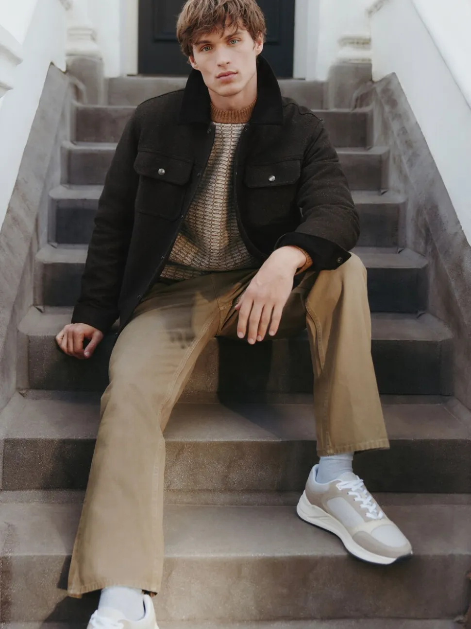 Brown Cord Collar Herringbone Wool Blend Trucker Jacket