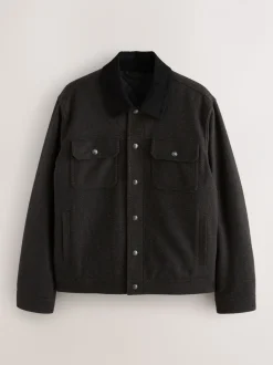 Brown Cord Collar Herringbone Wool Blend Trucker Jacket