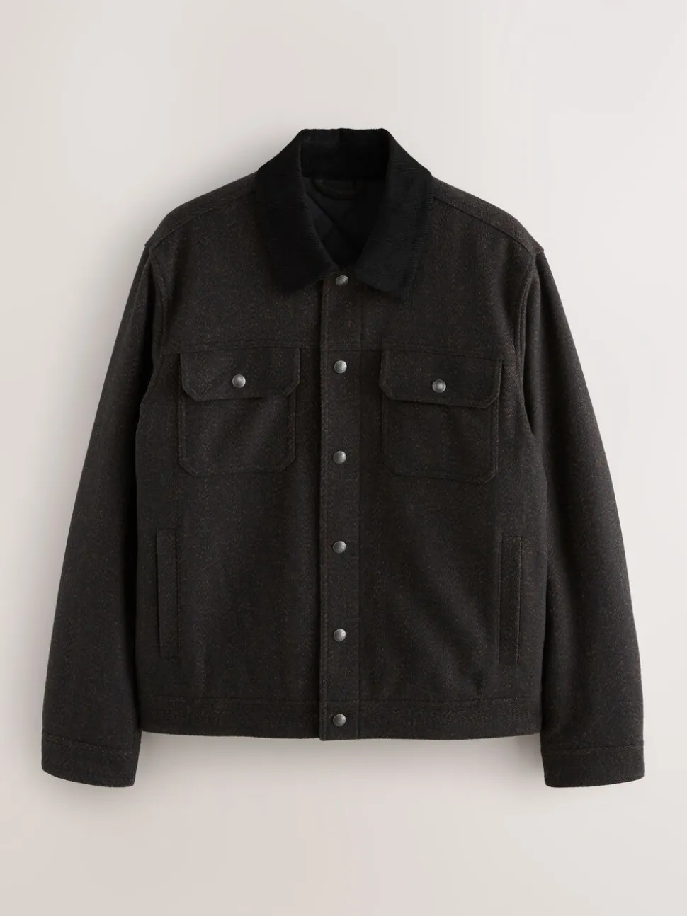 Brown Cord Collar Herringbone Wool Blend Trucker Jacket
