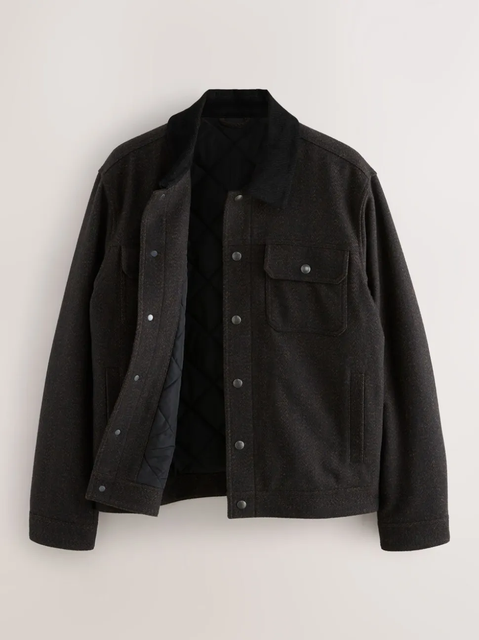 Brown Cord Collar Herringbone Wool Blend Trucker Jacket