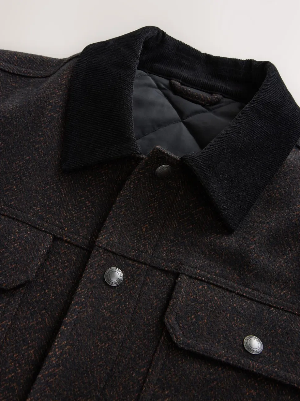 Brown Cord Collar Herringbone Wool Blend Trucker Jacket
