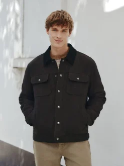 Brown Cord Collar Herringbone Wool Blend Trucker Jacket