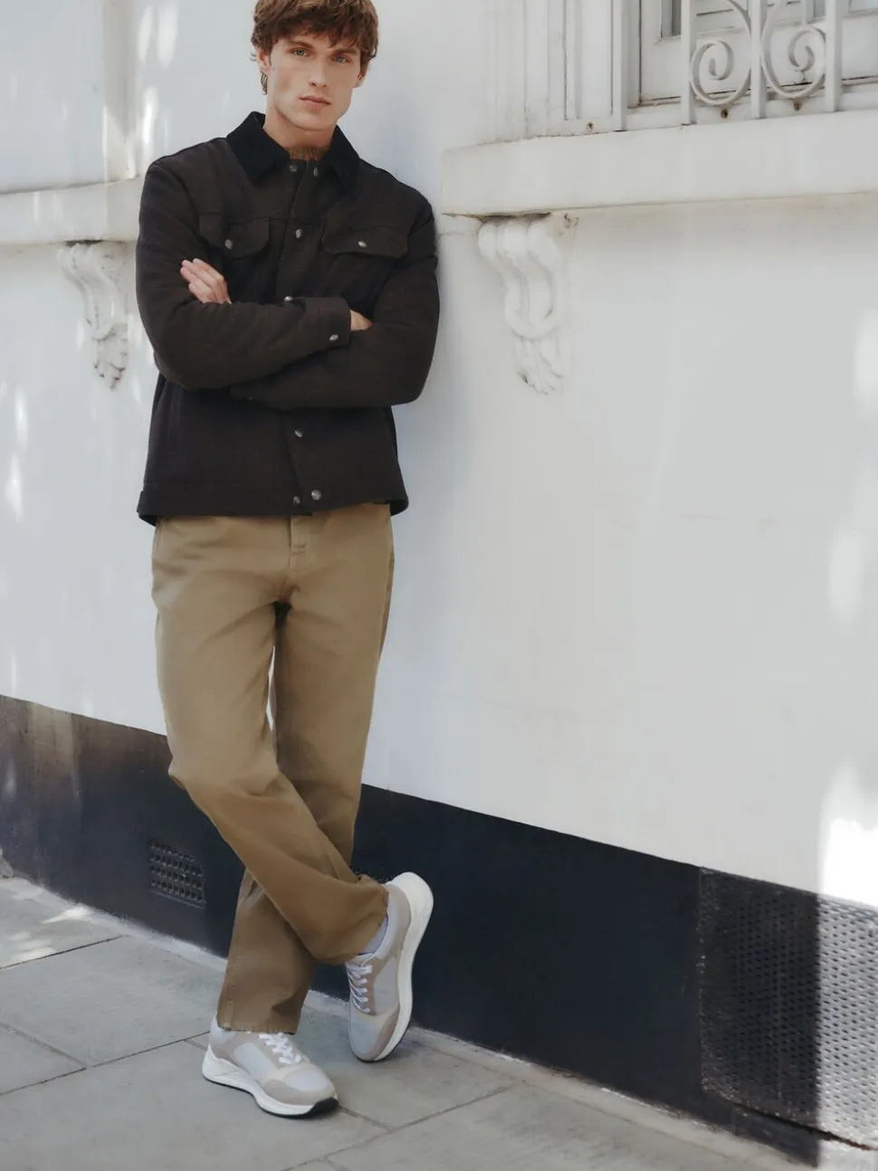 Brown Cord Collar Herringbone Wool Blend Trucker Jacket