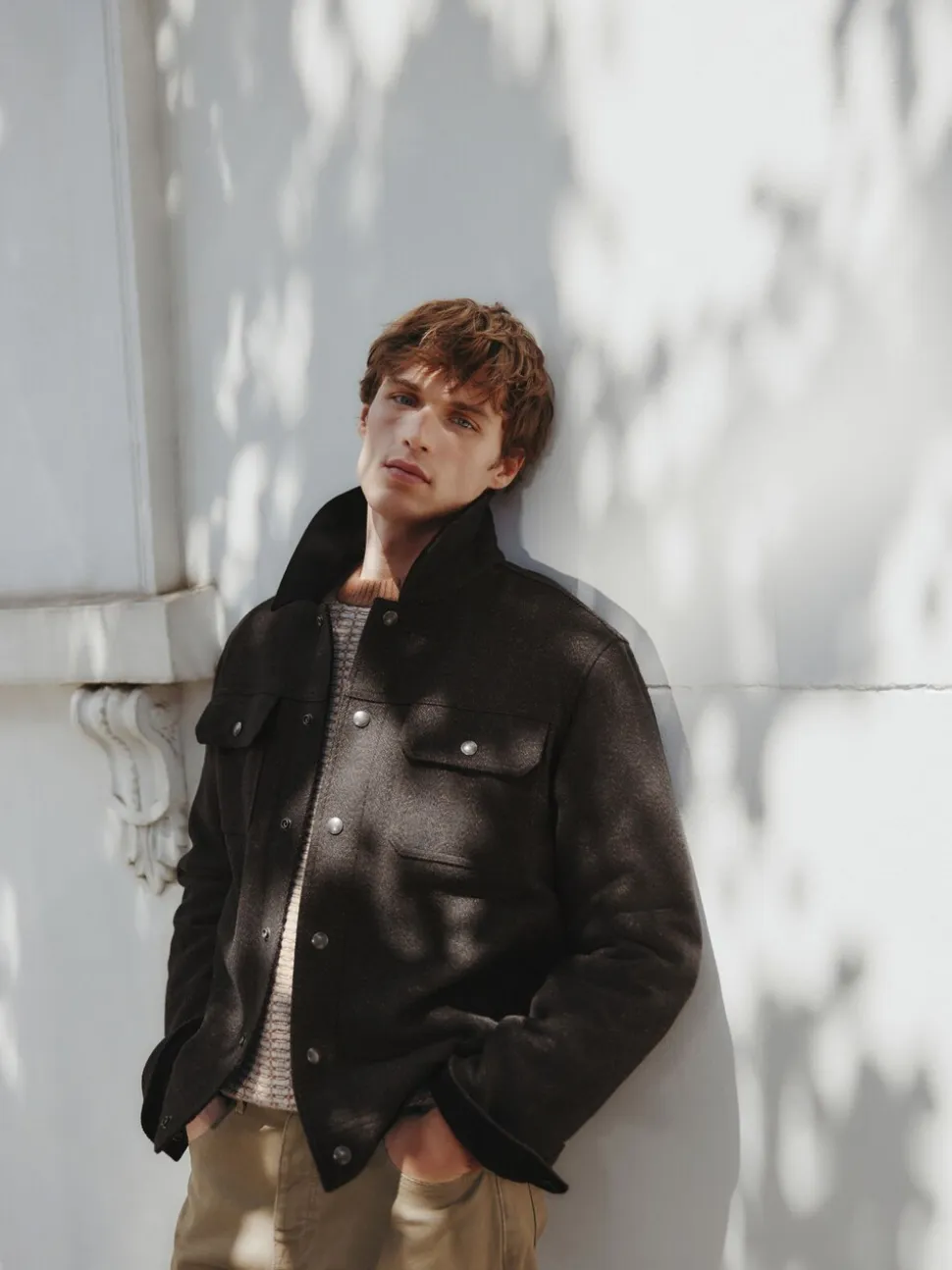 Brown Cord Collar Herringbone Wool Blend Trucker Jacket
