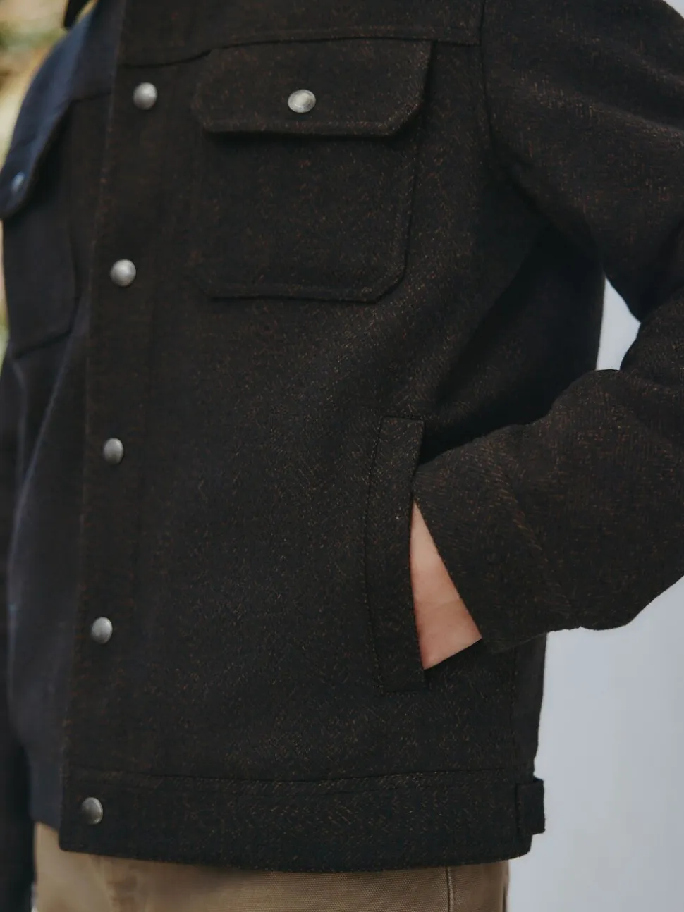 Brown Cord Collar Herringbone Wool Blend Trucker Jacket