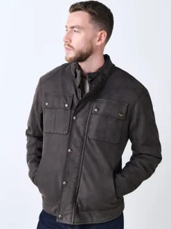 Brown Faux Leather Borg Lined 4 Pocket Biker Jacket