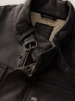 Brown Faux Leather Borg Lined 4 Pocket Biker Jacket