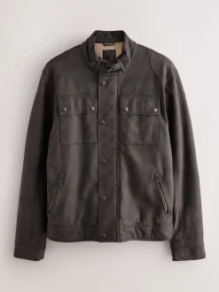 Brown Faux Leather Borg Lined 4 Pocket Biker Jacket