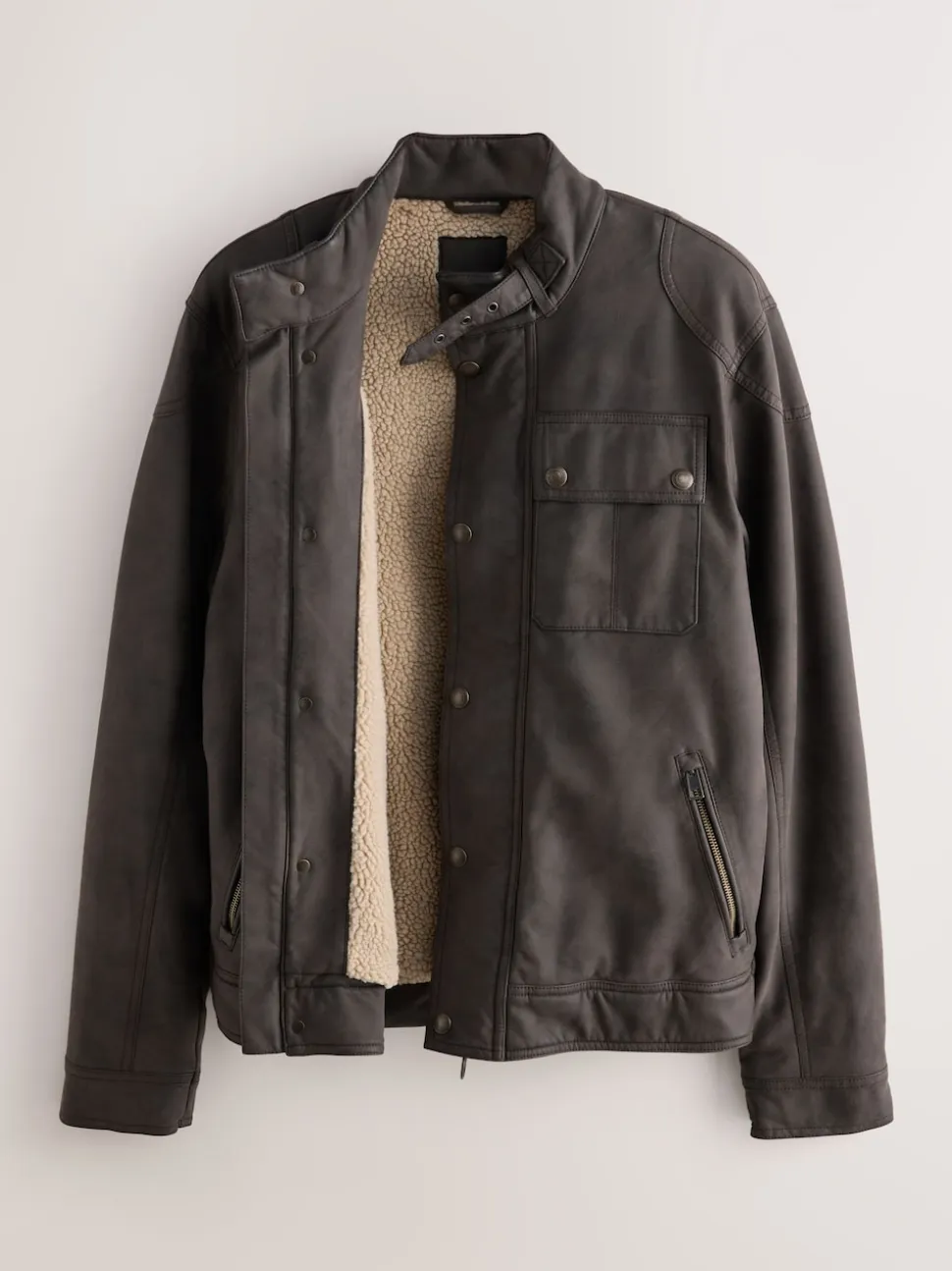 Brown Faux Leather Borg Lined 4 Pocket Biker Jacket