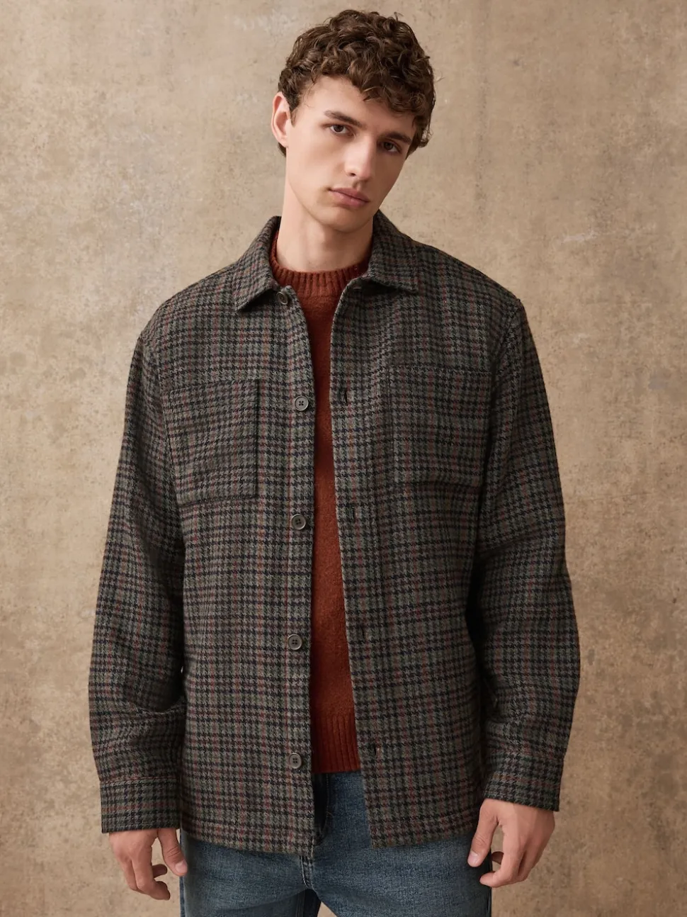 Brown Houndstooth Check Shacket