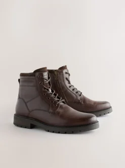 Brown Leather Zip-Up Borg Lined Boots