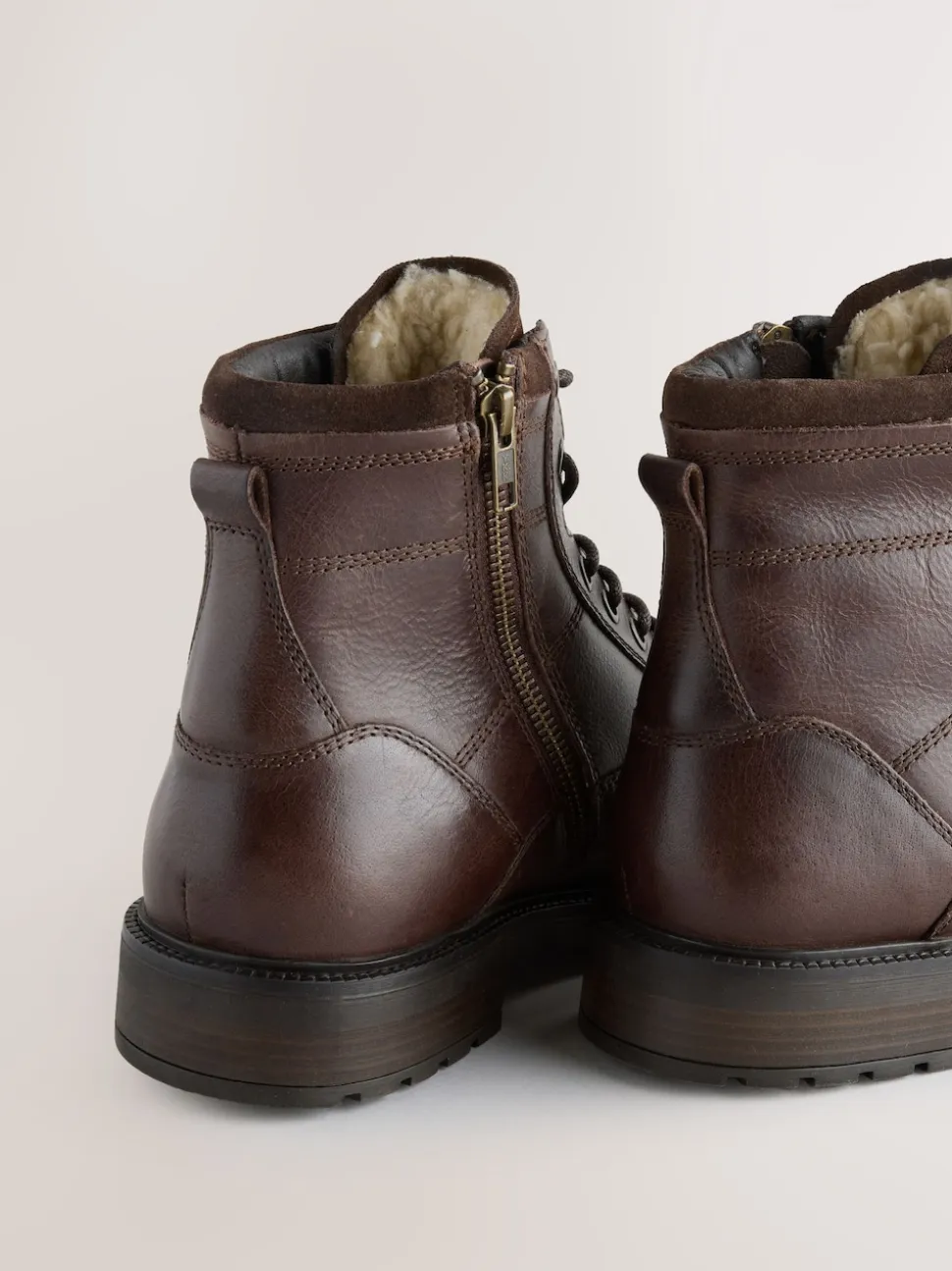 Brown Leather Zip-Up Borg Lined Boots